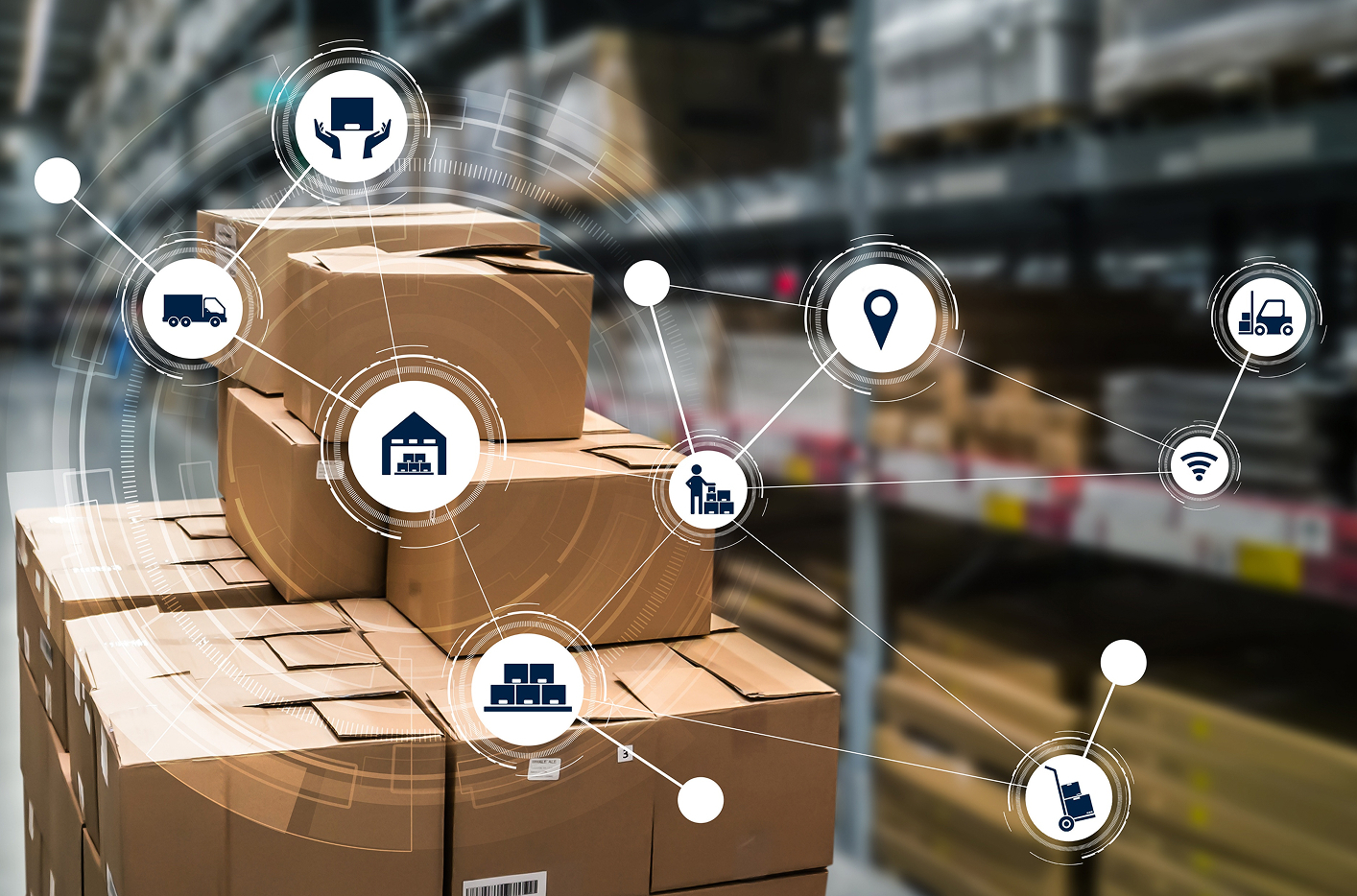 Boxes in a warehouse overlaid with a connected supply chain network of IoT icons